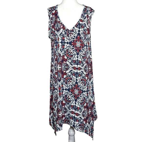 SJS Womens Dress Size 1X Red & White Floral Pattern Sleeveless A-Line - Picture 1 of 6